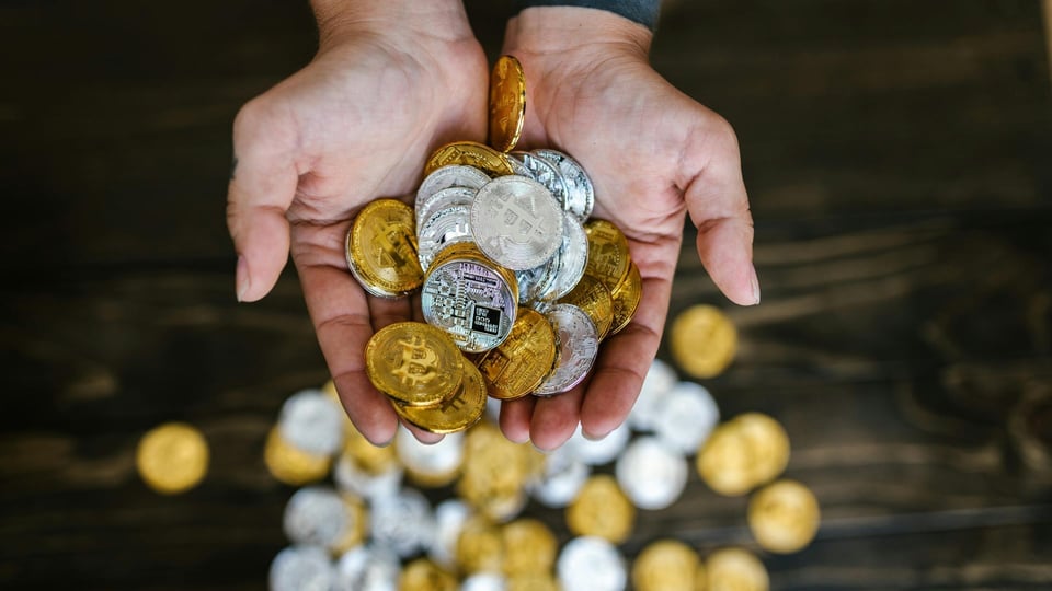 Open hands holding cryptocurrency coins